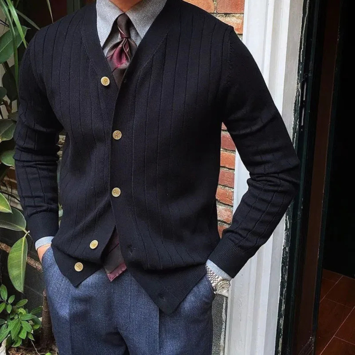 Men's Knit Cardigan Ribbed Button Up Beige