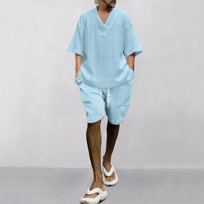 Men's Summer Knit Polo Shirt And Shorts Set Lightweight Red