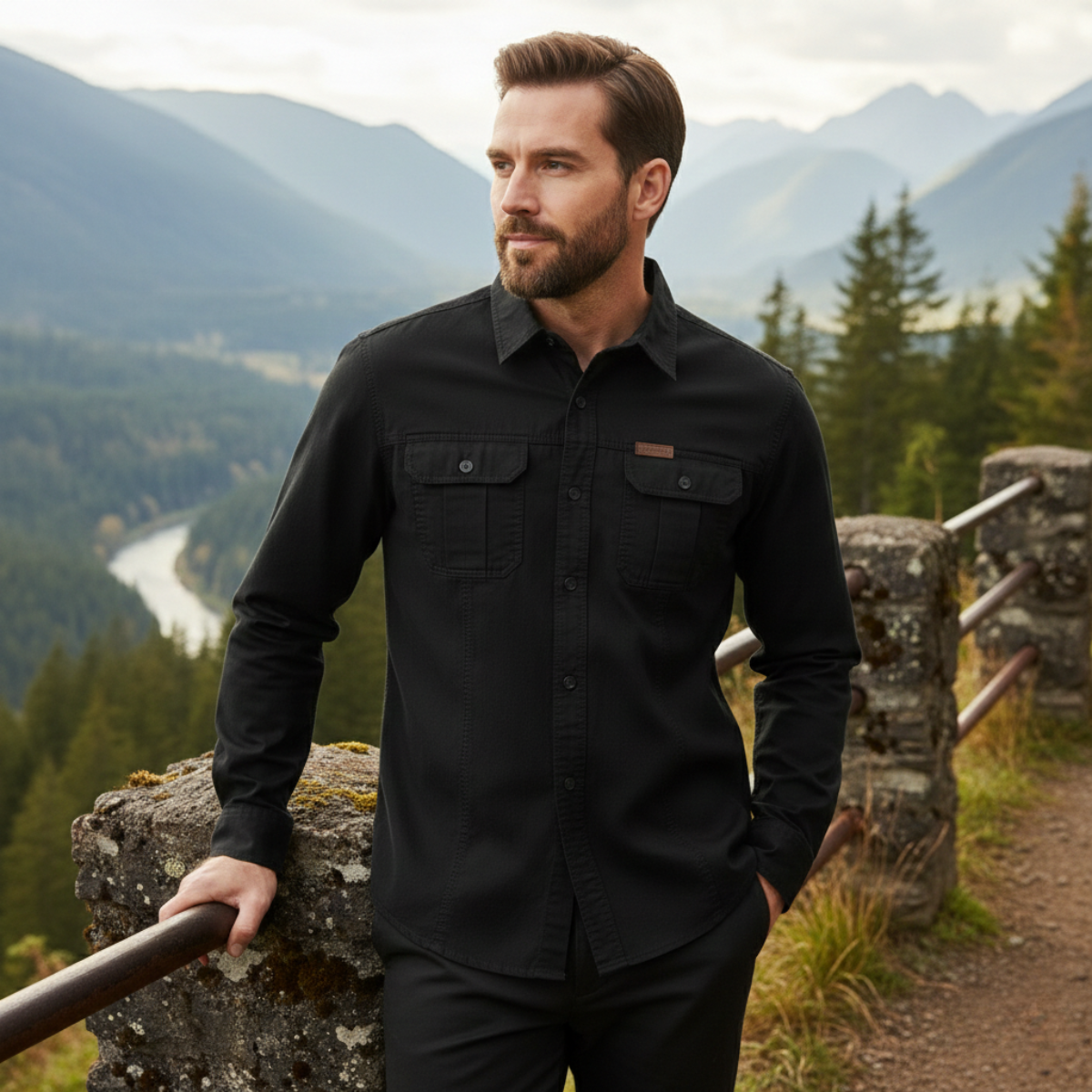 Men's Soft Cargo Shirt Multi Pocket Solid Color Cotton
