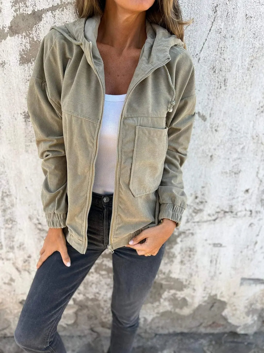 Corduroy Hooded Jacket Casual - Fashinoza