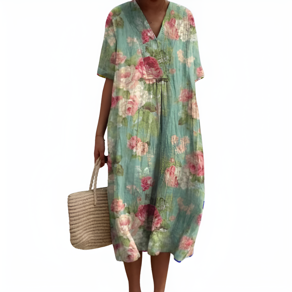 Women's Floral V-Neck Short Sleeve Summer Dress - Fashinoza