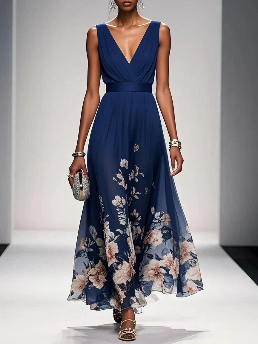 Women's Floral Maxi Dress Sleeveless V-Neck