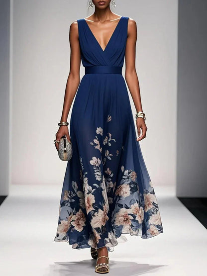 Women's Floral Maxi Dress Sleeveless V-Neck