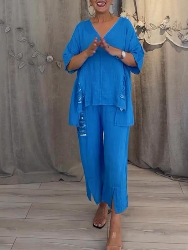 Women's 2 Piece V-Neck And Cropped Pants Set