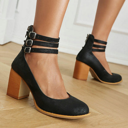 Women's Ankle Strap Sandals Smooth Leather Thick Heel