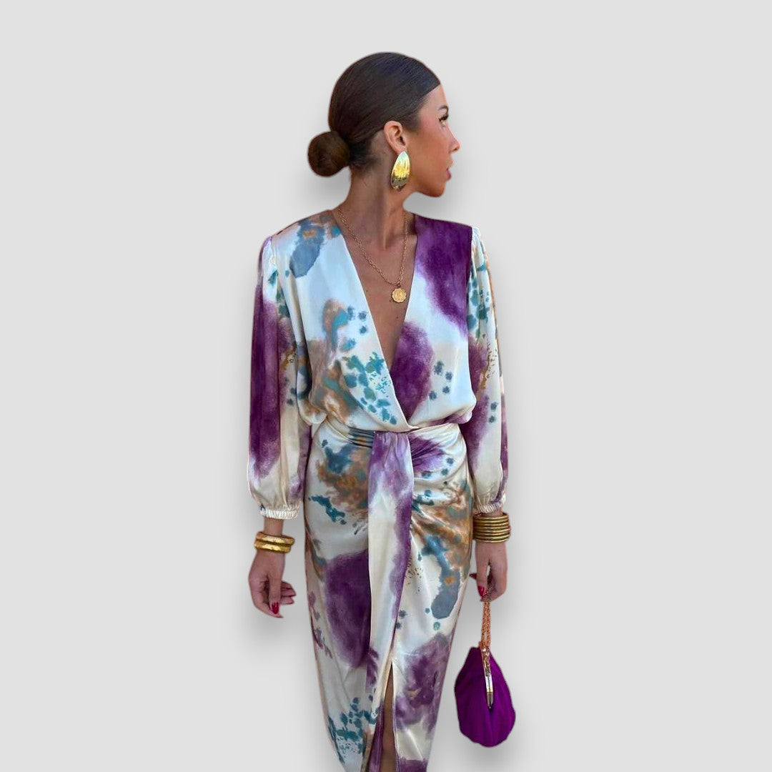 Women's Abstract Print Midi Dress Tie Waist