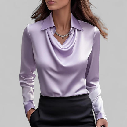 Rose | Women’s Draped Neck Long Sleeve Satin Blouses Caliboot