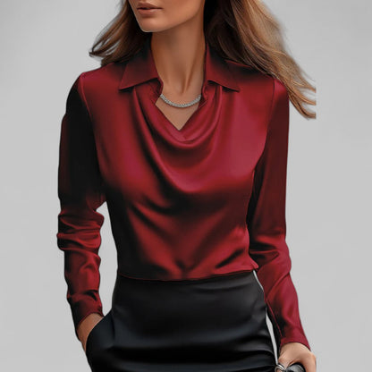 Women's Long Sleeve Blouse Glossy Cowl Neck