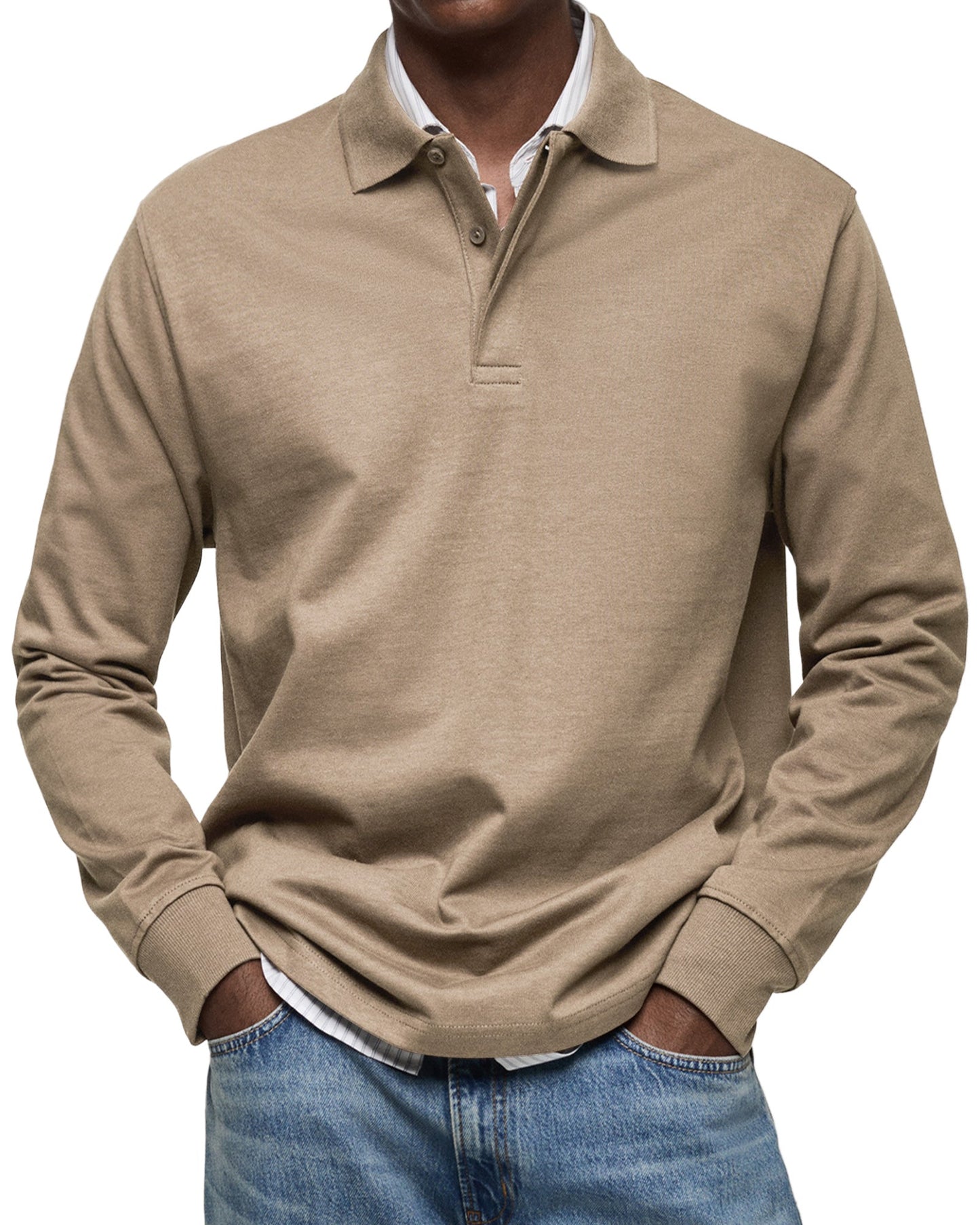 Men's Long-Sleeve Polo Shirt Cotton Button Collar