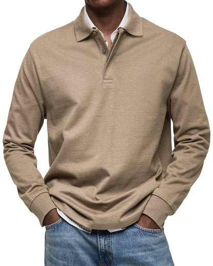 Men's Long-Sleeve Polo Shirt Cotton Button Collar