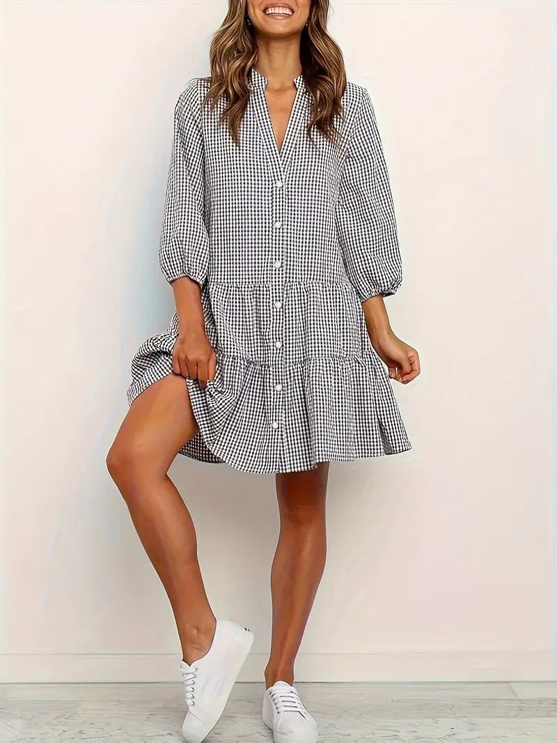 Women's Gingham Mini Dress 3/4 Sleeve Button Down