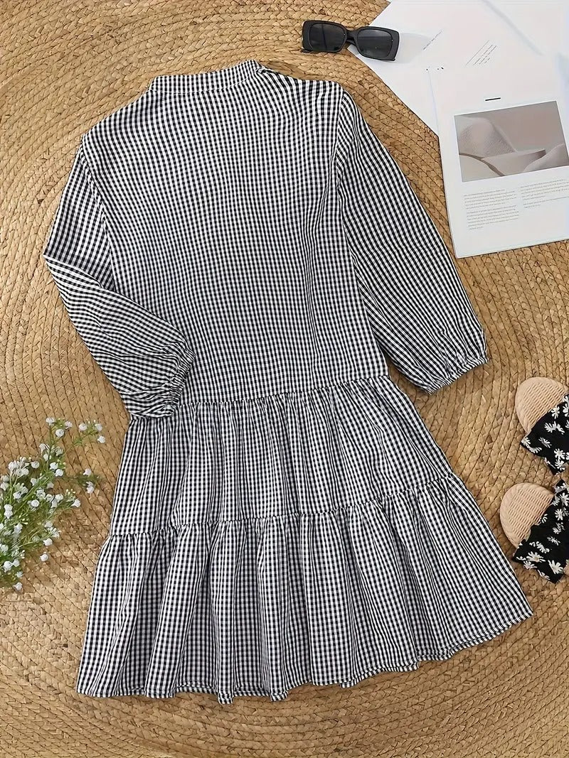 Women's Gingham Mini Dress 3/4 Sleeve Button Down