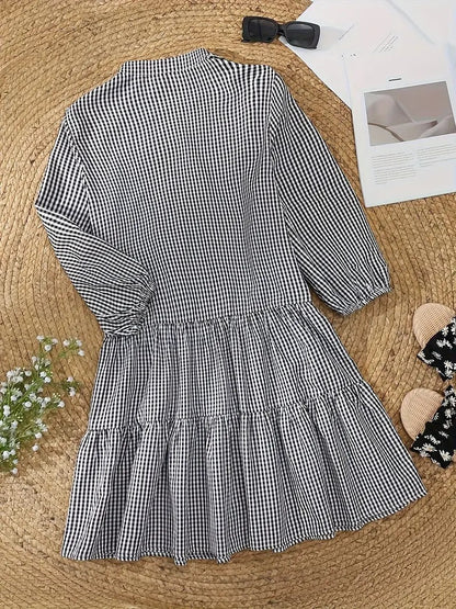 Women's Gingham Mini Dress 3/4 Sleeve Button Down