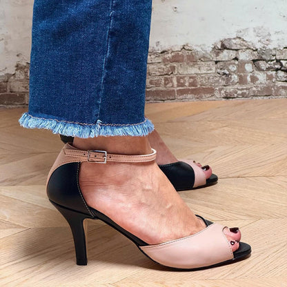 Women's Black Heels Color Block Ankle Strap