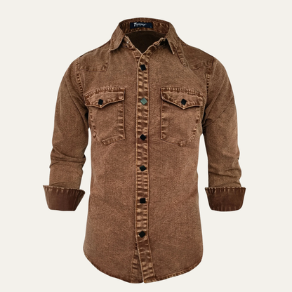 Men's Denim Shirt Brown Vintage Washed Cotton - Fashinoza