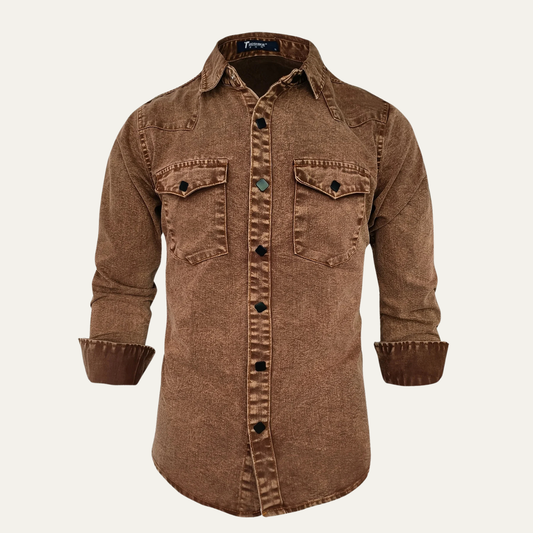 Men's Denim Shirt Brown Vintage Washed Cotton - Fashinoza