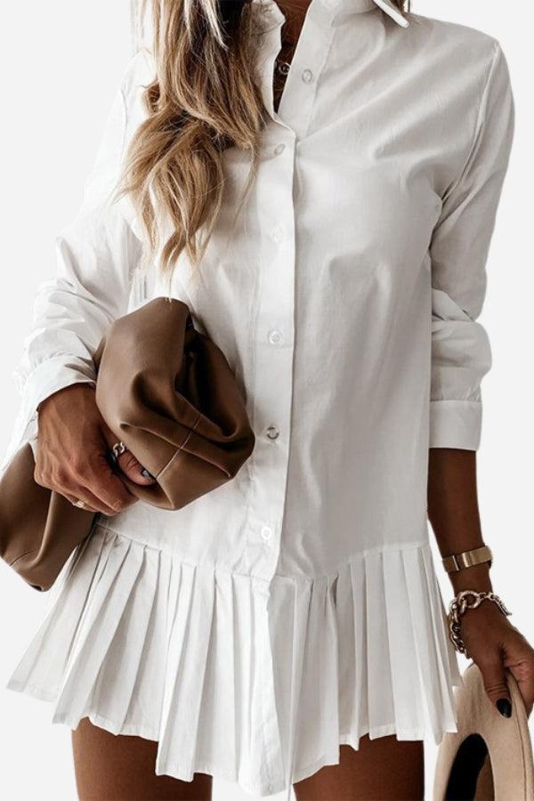 Women's Button-Down Shirt Dress White Pleated Hem - Fashinoza