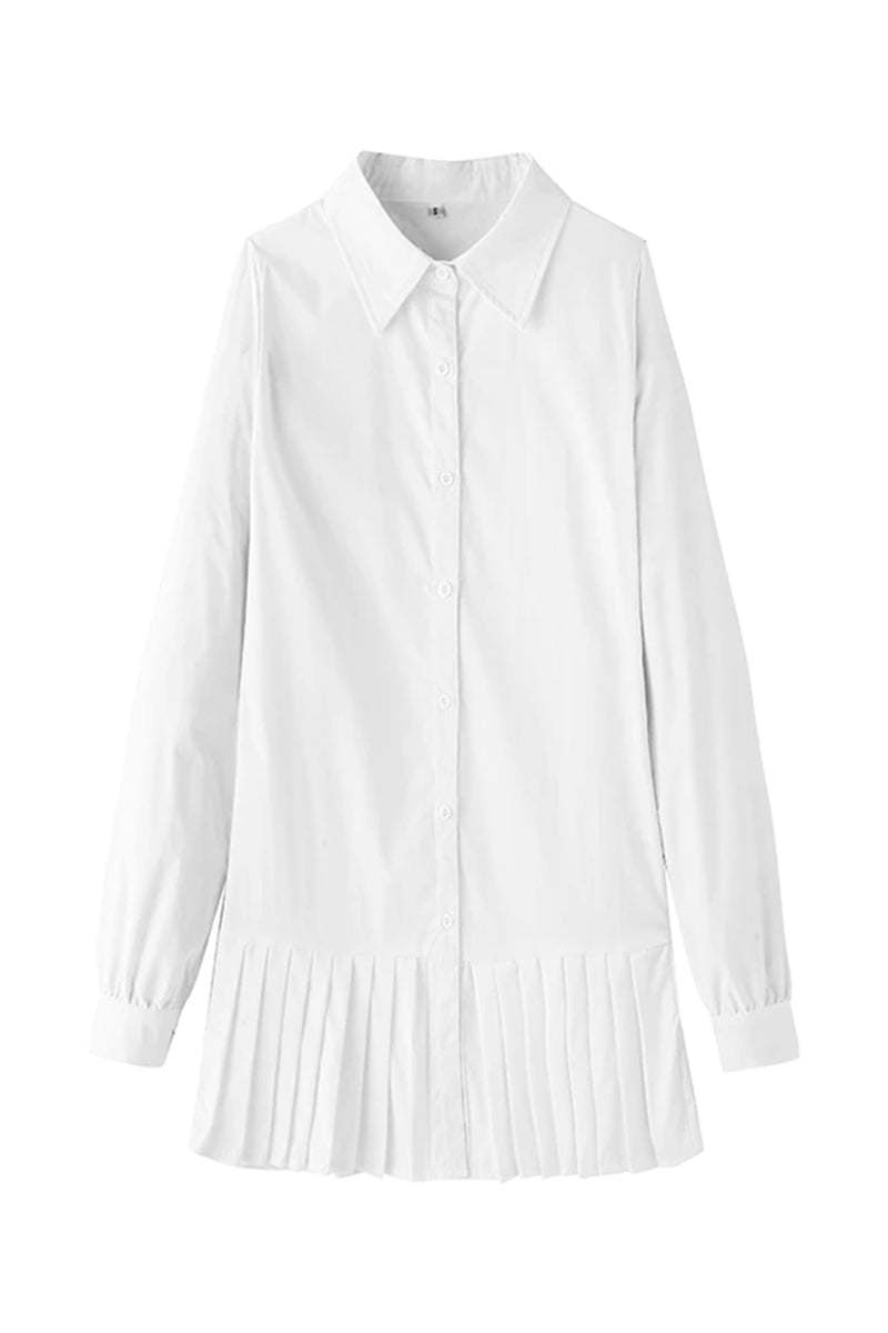 Women's Button-Down Shirt Dress White Pleated Hem