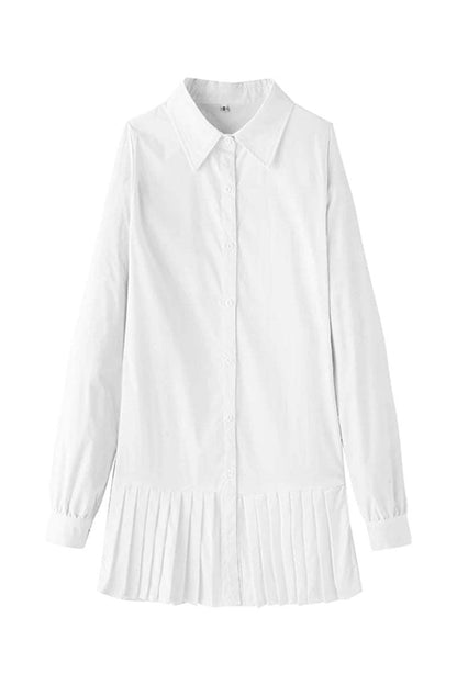 Women's Button-Down Shirt Dress White Pleated Hem