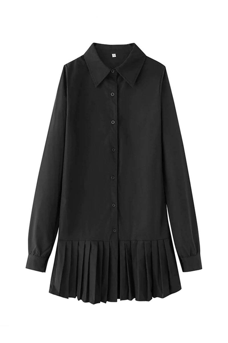 Women's Button-Down Shirt Dress White Pleated Hem