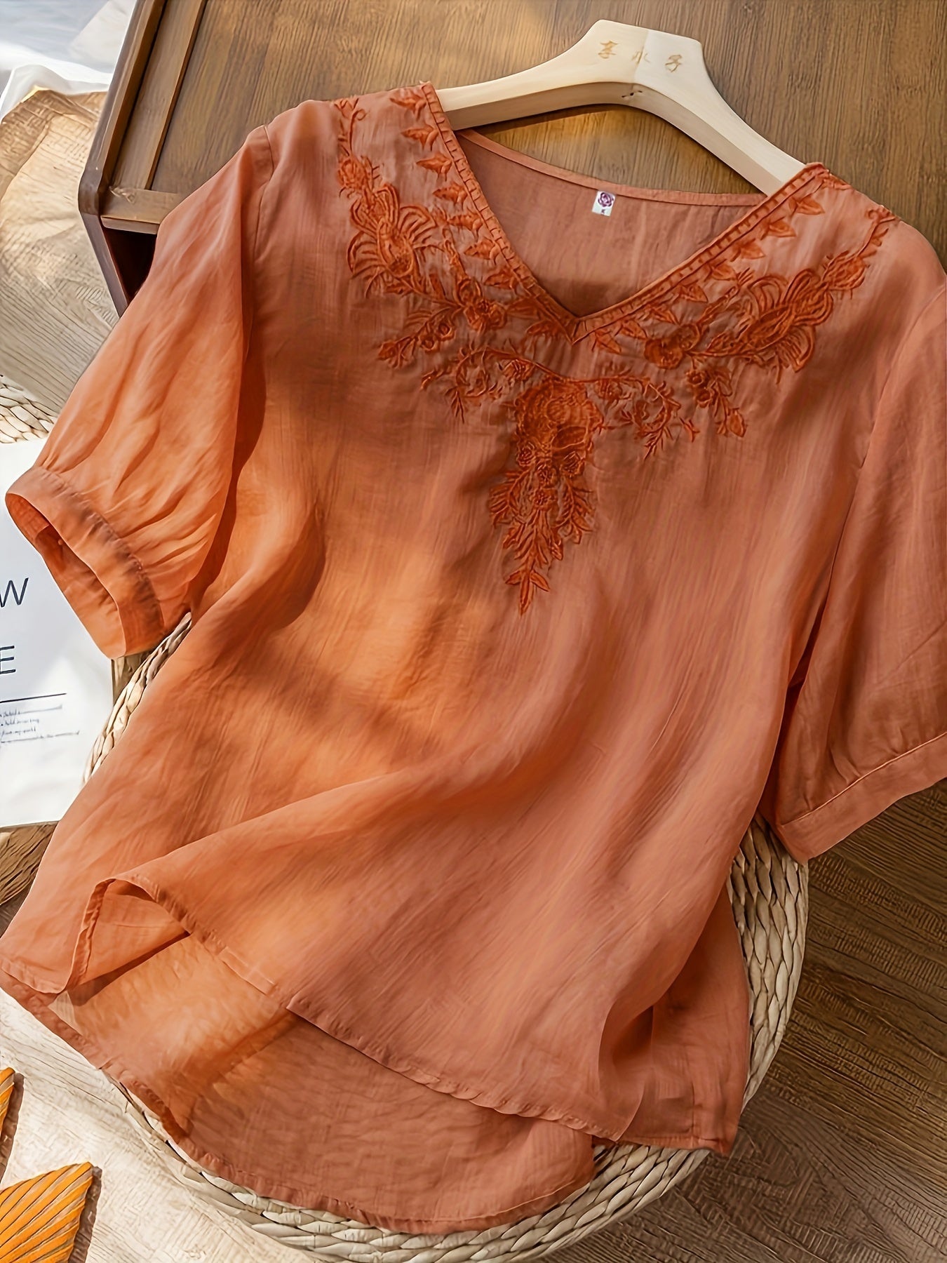 Women's Embroidered V-Neck Tunic Blouse Relaxed Fit