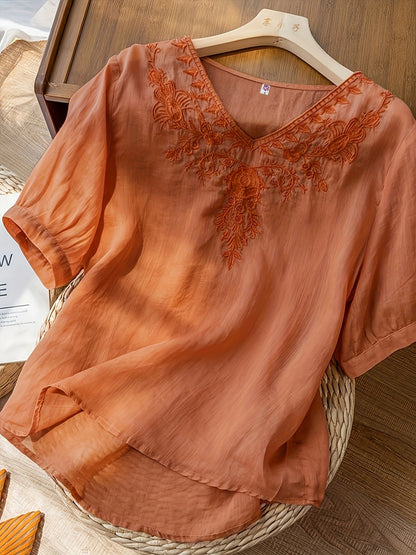 Women's Embroidered V-Neck Tunic Blouse Relaxed Fit