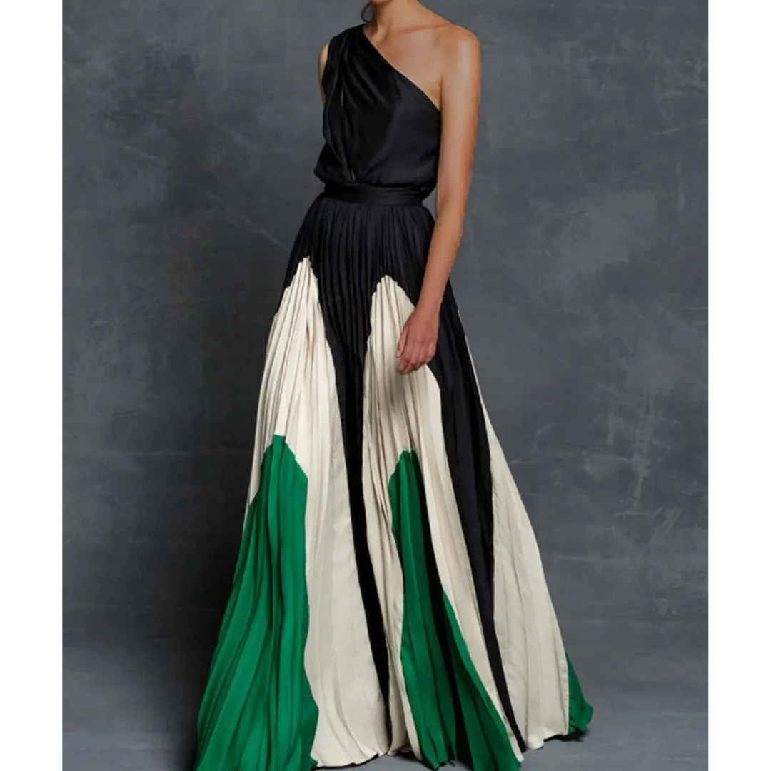 Women's Pleated Maxi Dress Color-Block Gathered Waist