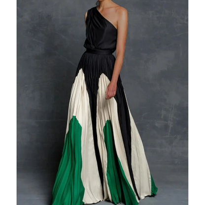 Women's Pleated Maxi Dress Color-Block Gathered Waist