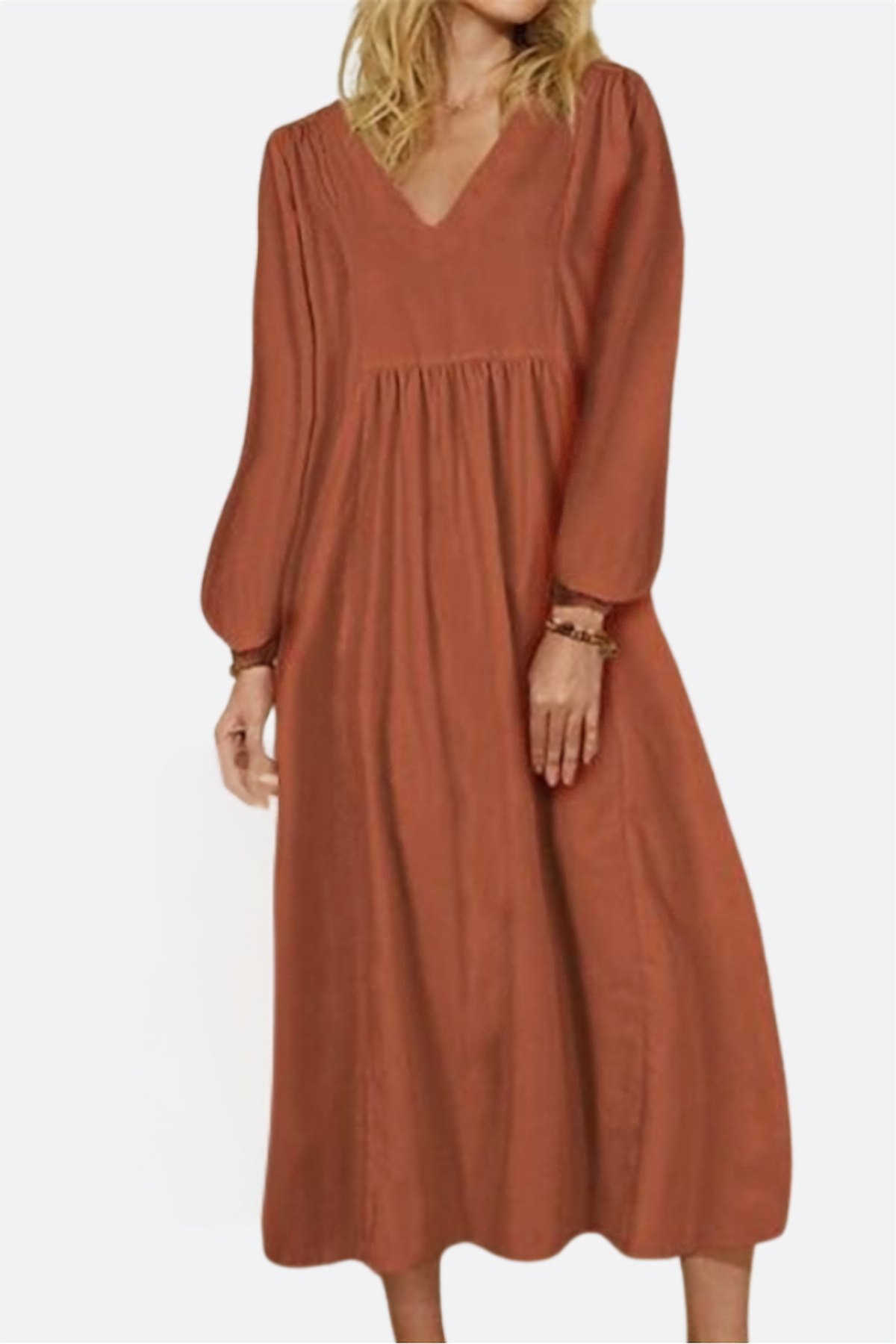 Women's V-Neck Midi Dress Smocked Waist Balloon Sleeves - Fashinoza