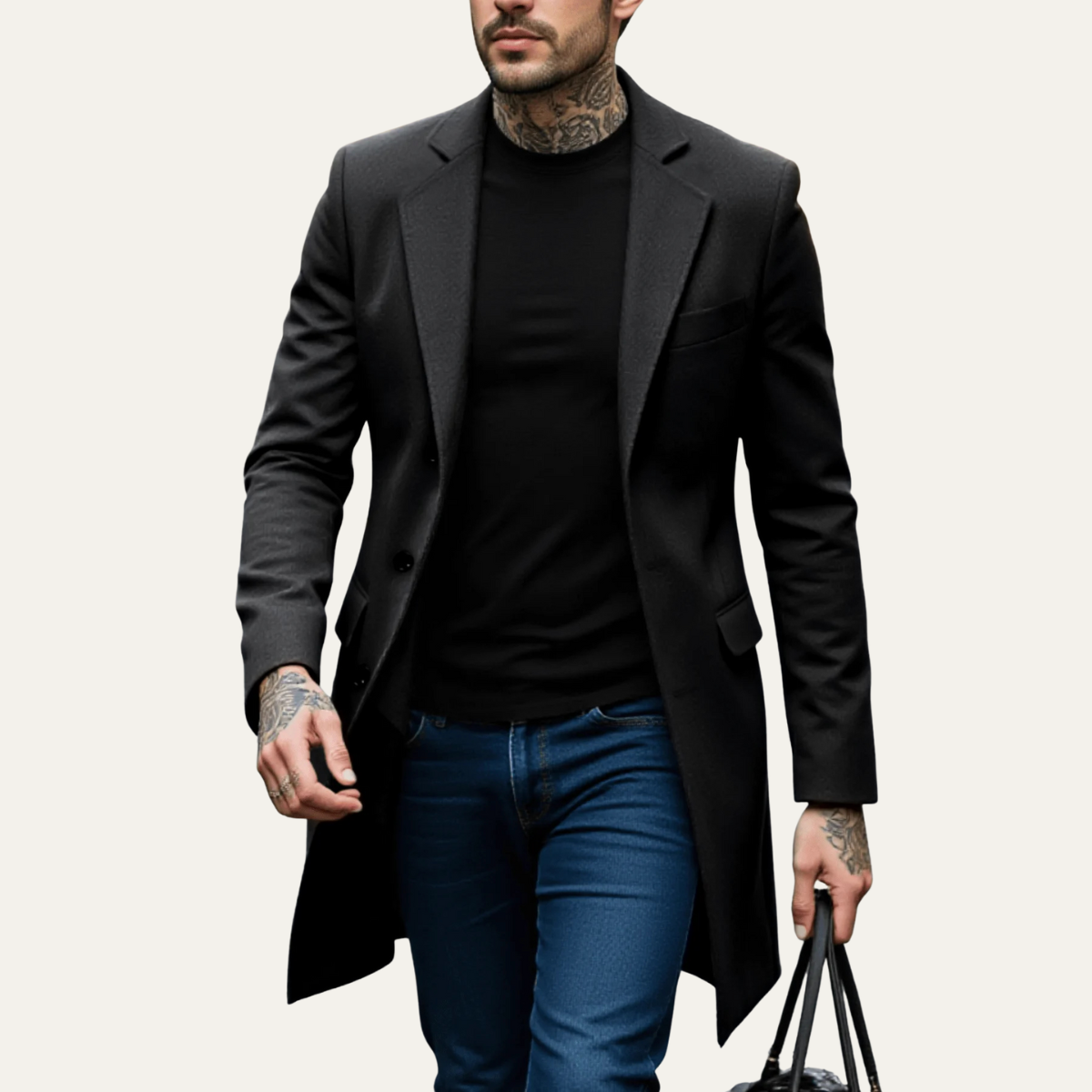 Men's Wool Long Winter Coat Thick Textured Charcoal