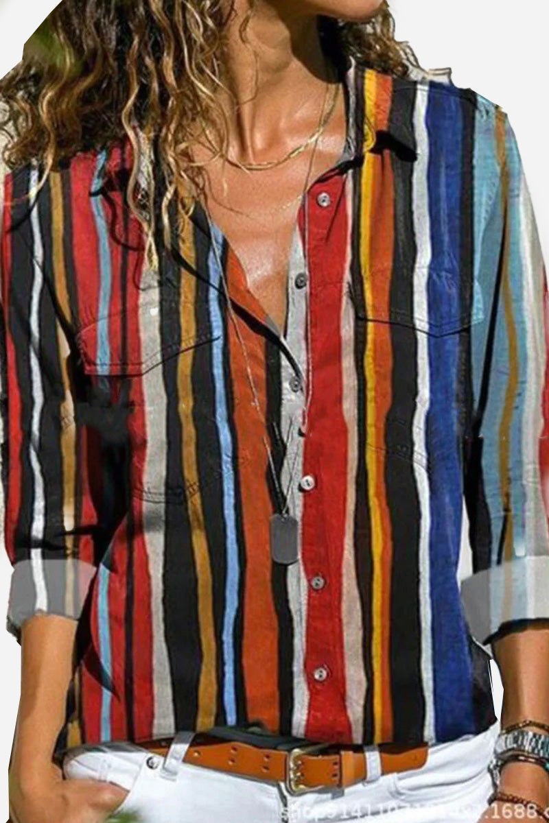 Women's Striped Button Down Long Sleeve Shirt - Fashinoza