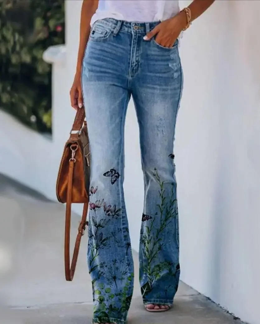 Women's High Waist Flare Jeans Floral Print