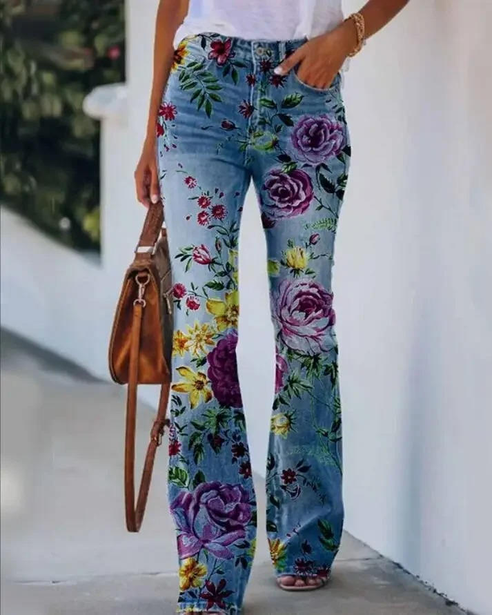 Women's High Waist Flare Jeans Floral Print