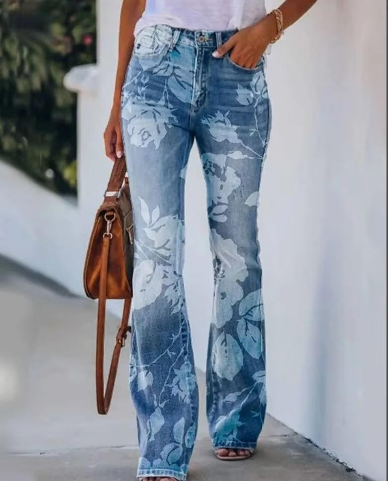 Women's High Waist Flare Jeans Floral Print