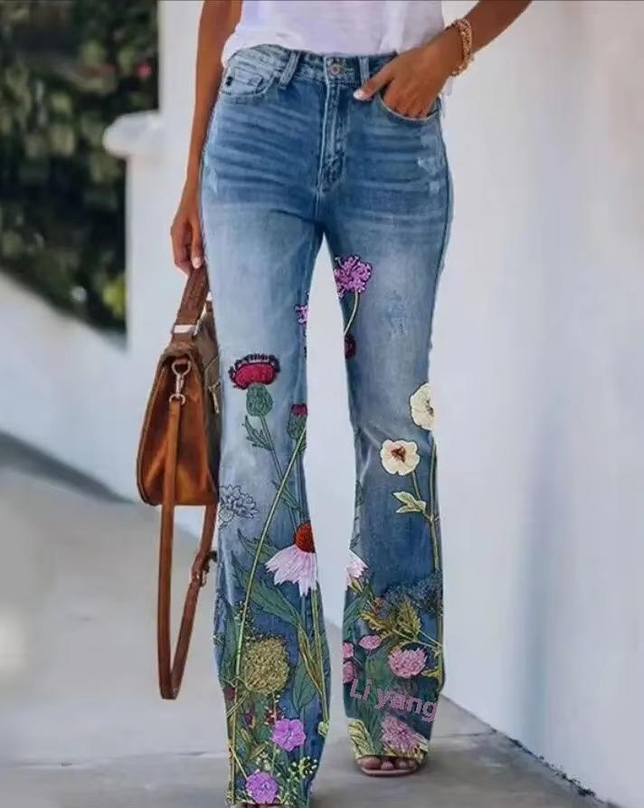 Women's High Waist Flare Jeans Floral Print