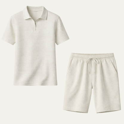 Men's Waffle Knit Polo And Shorts Set - Fashinoza