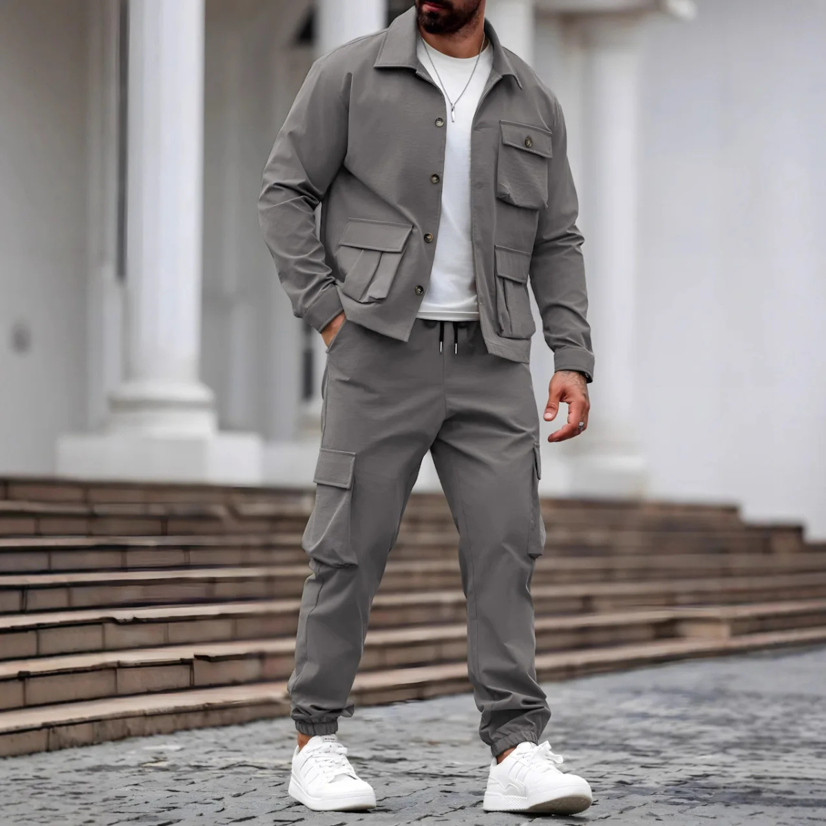 Men's Casual Cargo Jacket And Pants Set