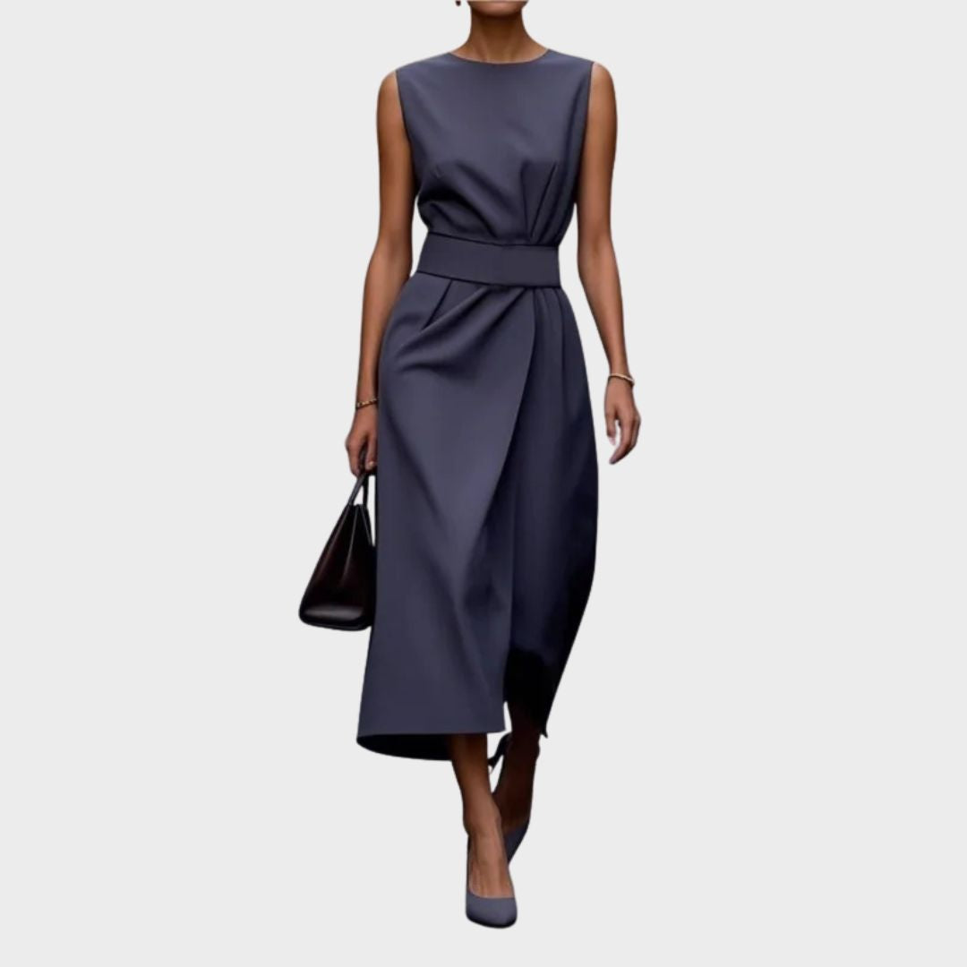 Vera Women's Sleeveless Midi Dress Round Neck Twist Waist