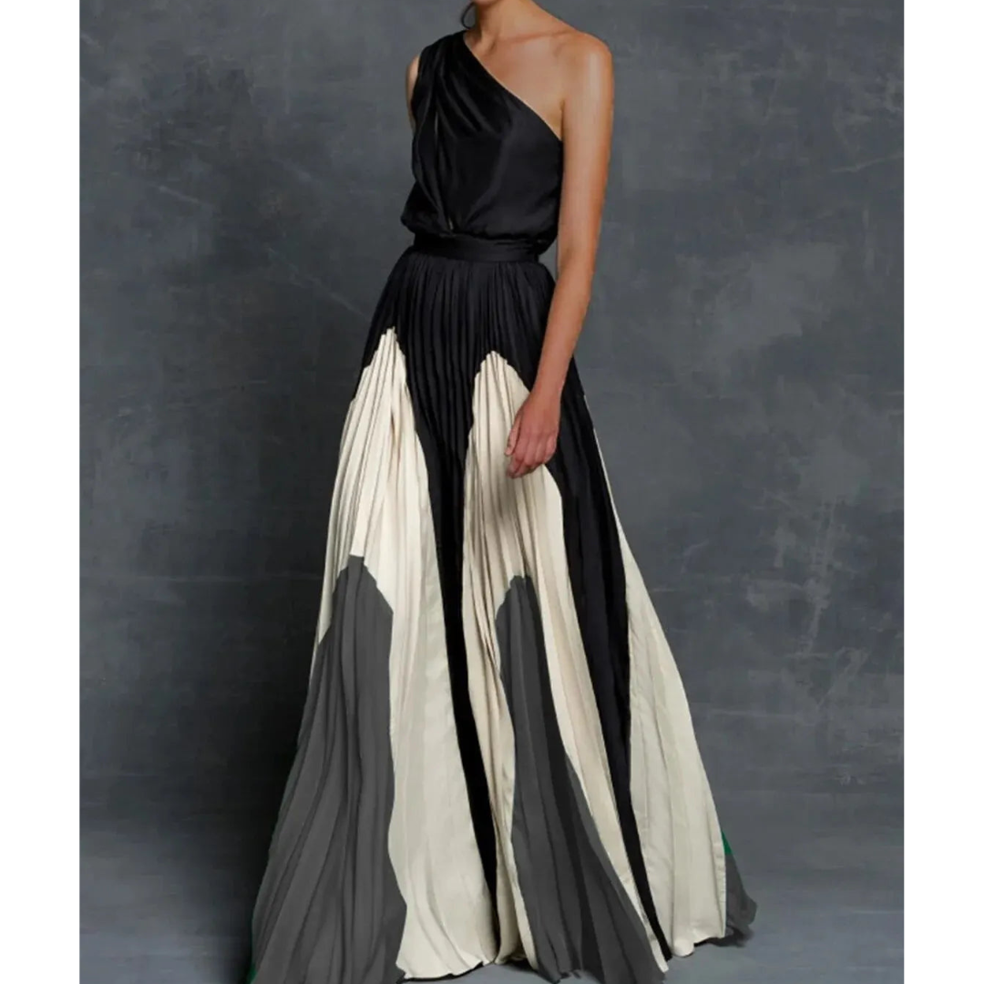 Women's Pleated Maxi Dress Color-Block Gathered Waist - 
Fashinoza