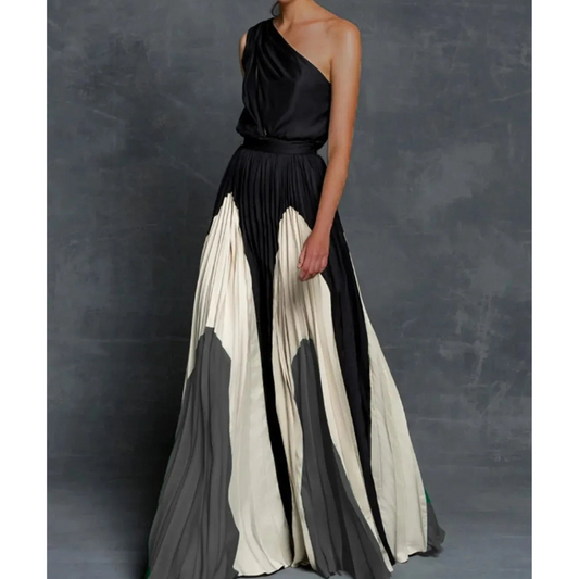 Women's Pleated Maxi Dress Color-Block Gathered Waist - 
Fashinoza