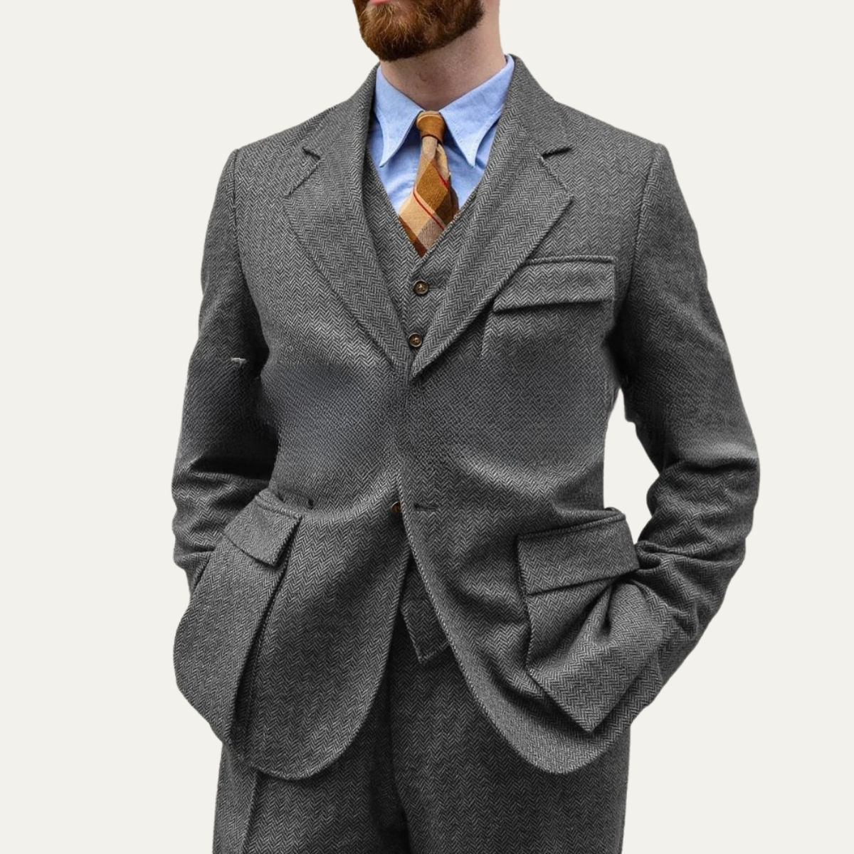 Men's 3 Piece Tweed Suit Herringbone Blazer