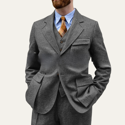 Men's 3 Piece Tweed Suit Herringbone Blazer