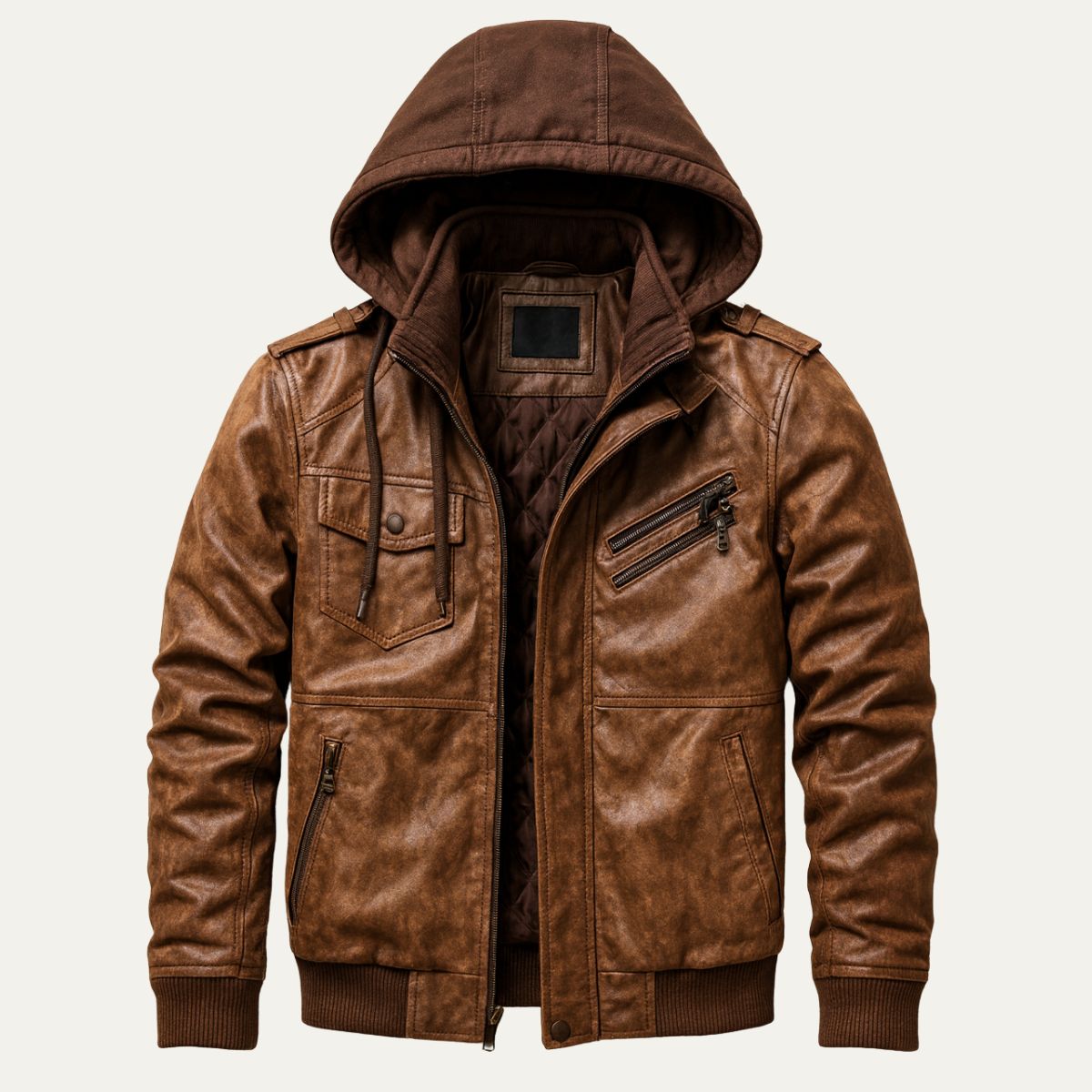 Men's Leather Bomber Jacket Hooded Classic Style - Fashinoza