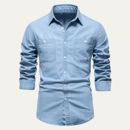 Men's Slim Fit Denim Shirt Double Pockets Blue