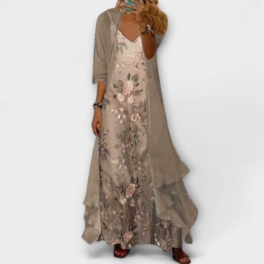 Women's Floral Maxi Dress Longline Cardigan Set - Fashinoza
