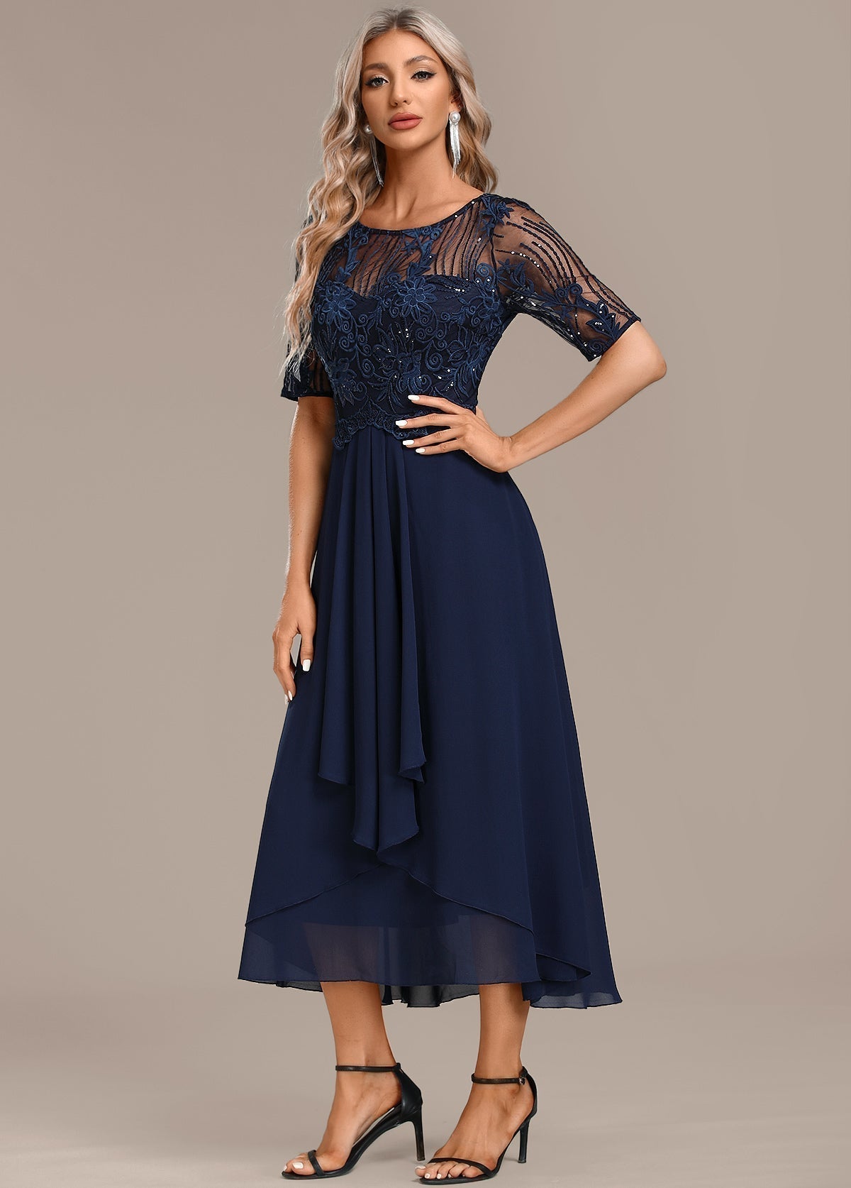 Women's Midi Dress Round Neck Lace Accents