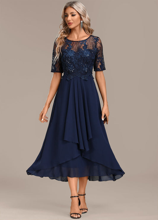 Women's Midi Dress Round Neck Lace Accents - Fashinoza