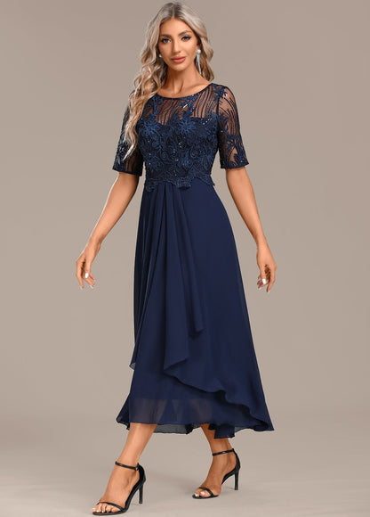 Women's Midi Dress Round Neck Lace Accents