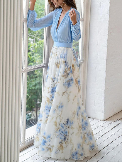 Women's Floral Maxi Dress Long Sleeve V-Neck