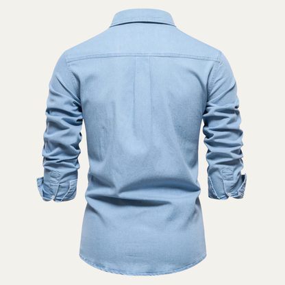 Men's Slim Fit Denim Shirt Double Pockets Blue